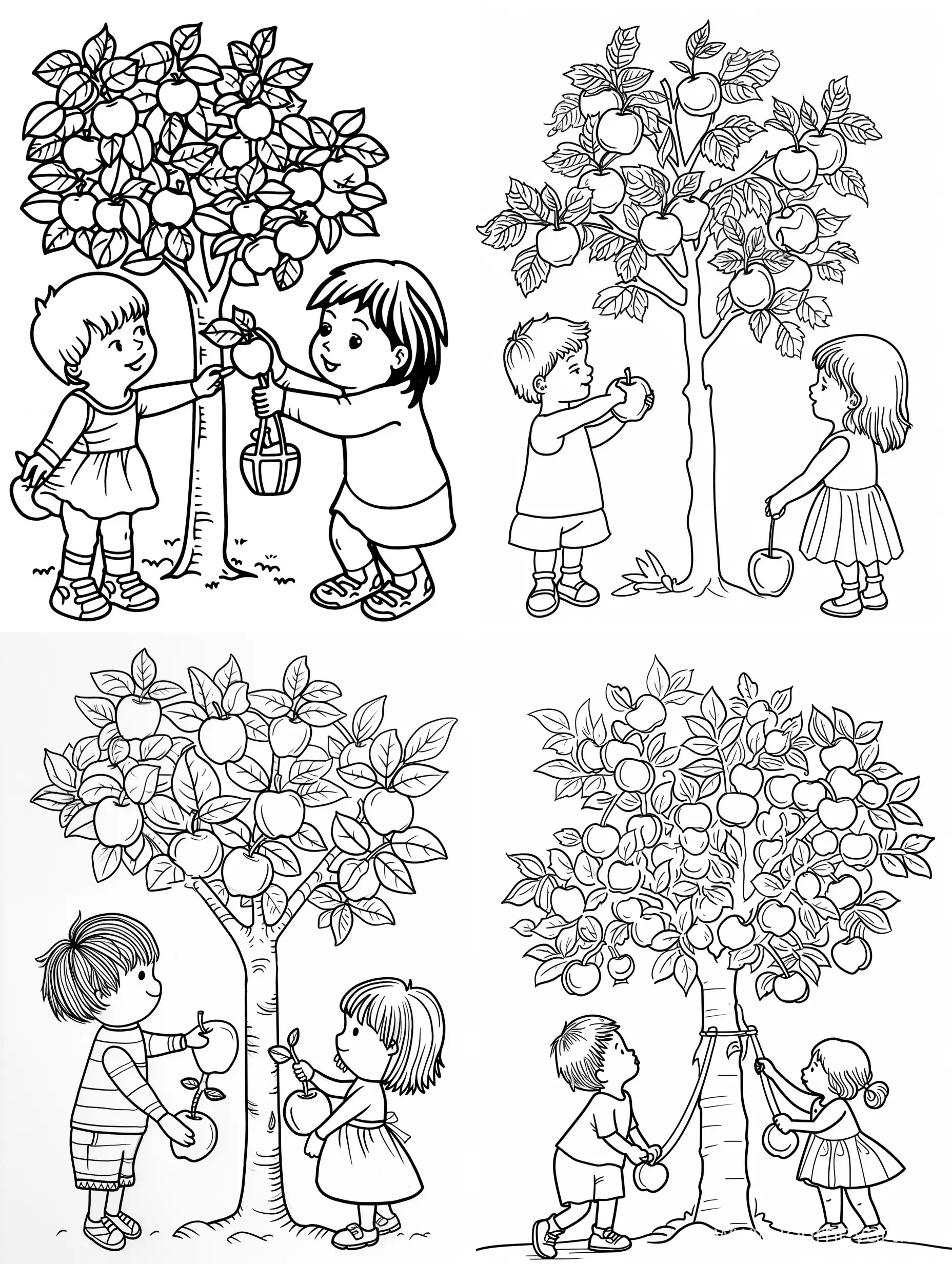 Make very simple outline drawing of little Boy and little girl picking apples from apple tree