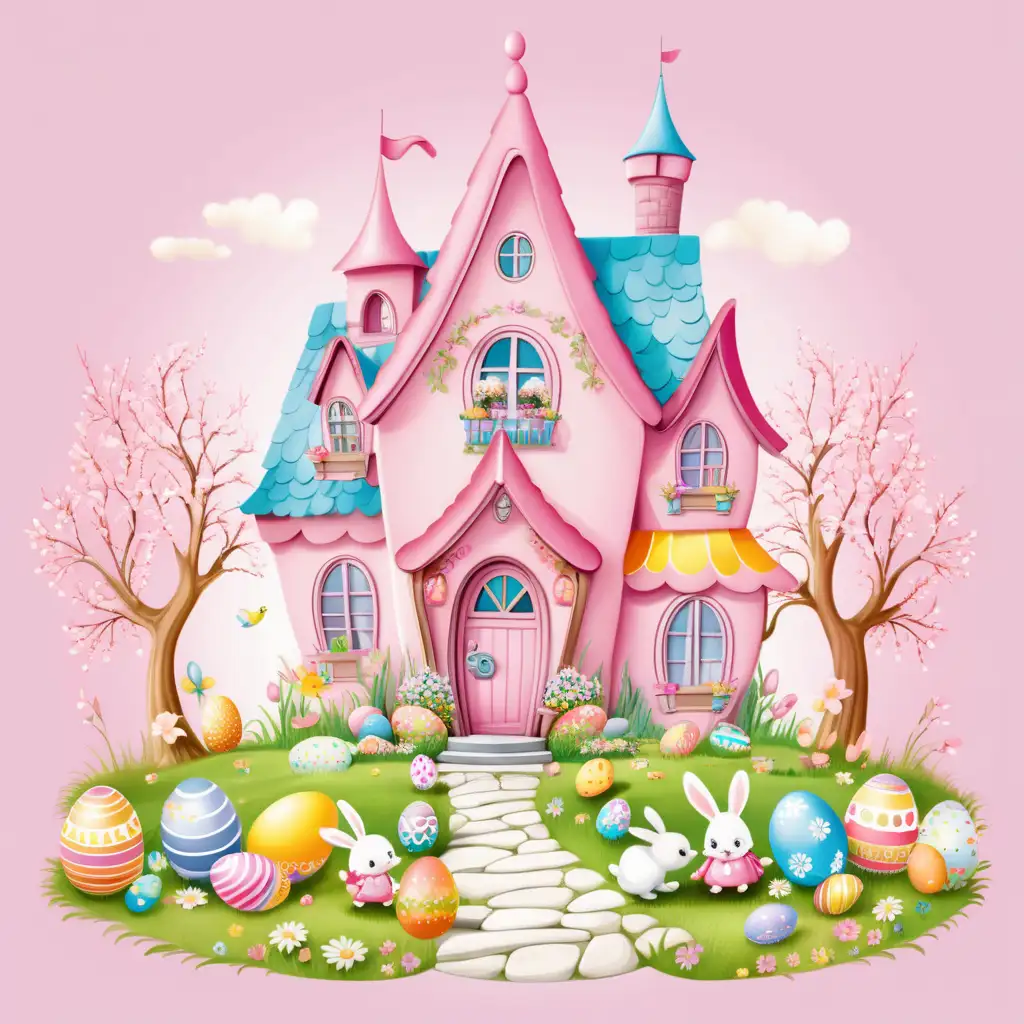 fairytale, whimsical, colorful cartoon Easter house, clipart, light pink background