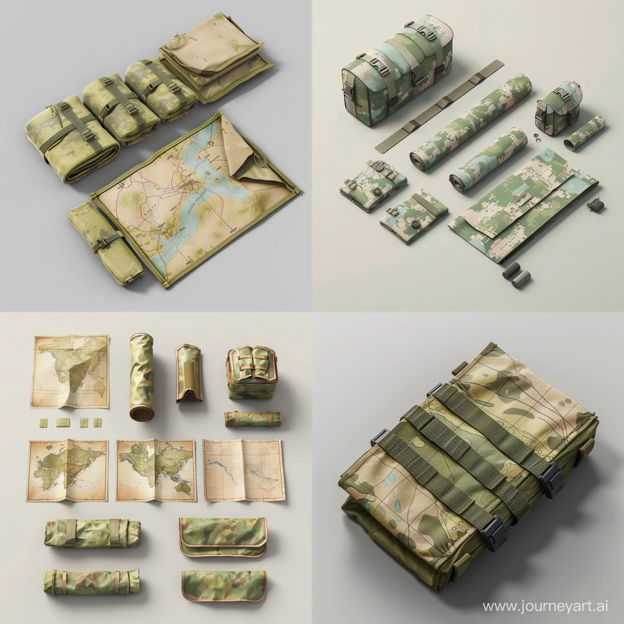 isometric military mapping cartographic set folded paper small thin mini long opened tactical pouch folder, 3d render