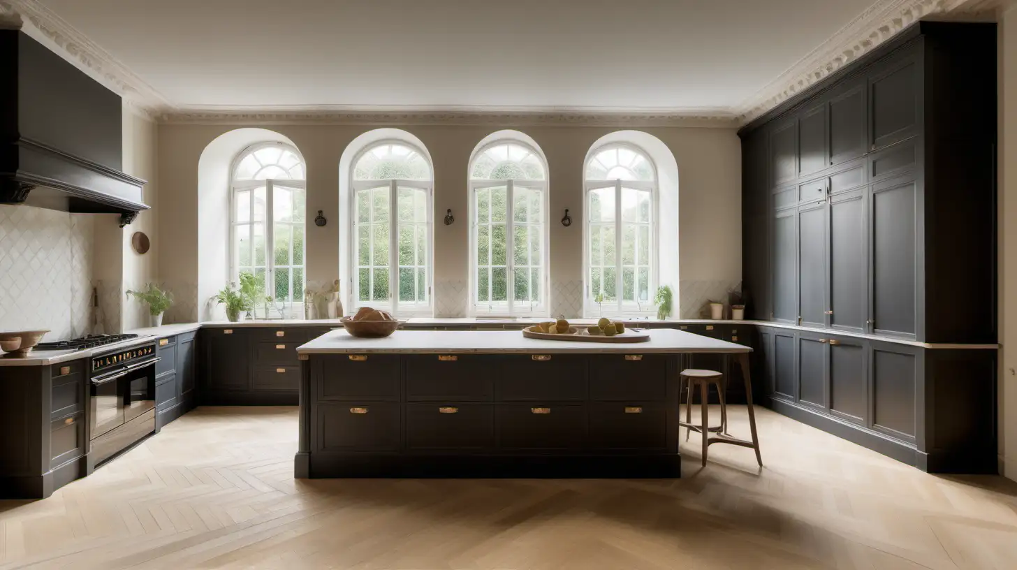   imagine a modern Parisian kitchen in light beige limewash paint, with black cupboards and ivory cupboards; warm oak herringbone flooring; sunlight; large traditional grid windows;