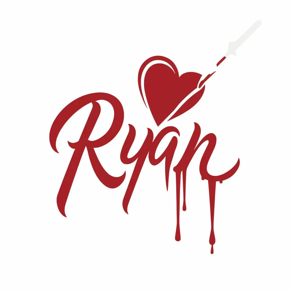 a logo design,with the text "ryan", main symbol:heart cut half in diagonal with drip of blood with cursive letters . logo and letters must be in horizontal.,Moderate,clear background