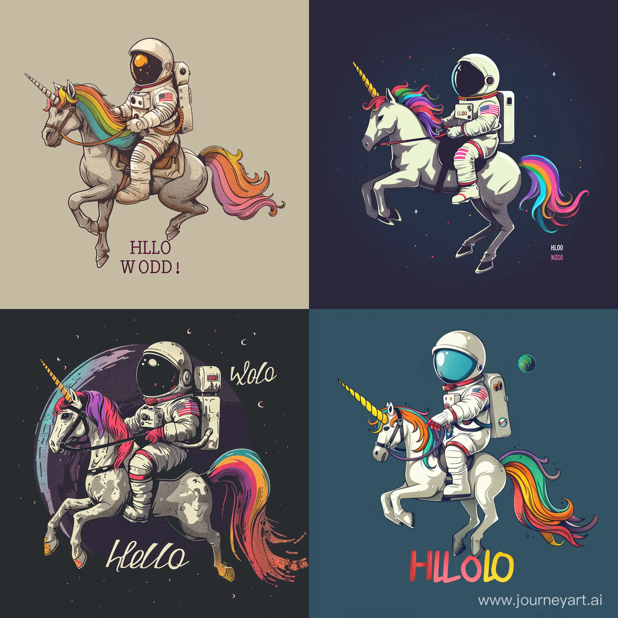An astronaut riding a rainbow unicorn, cinematic, dramatic, with text:"hello world"