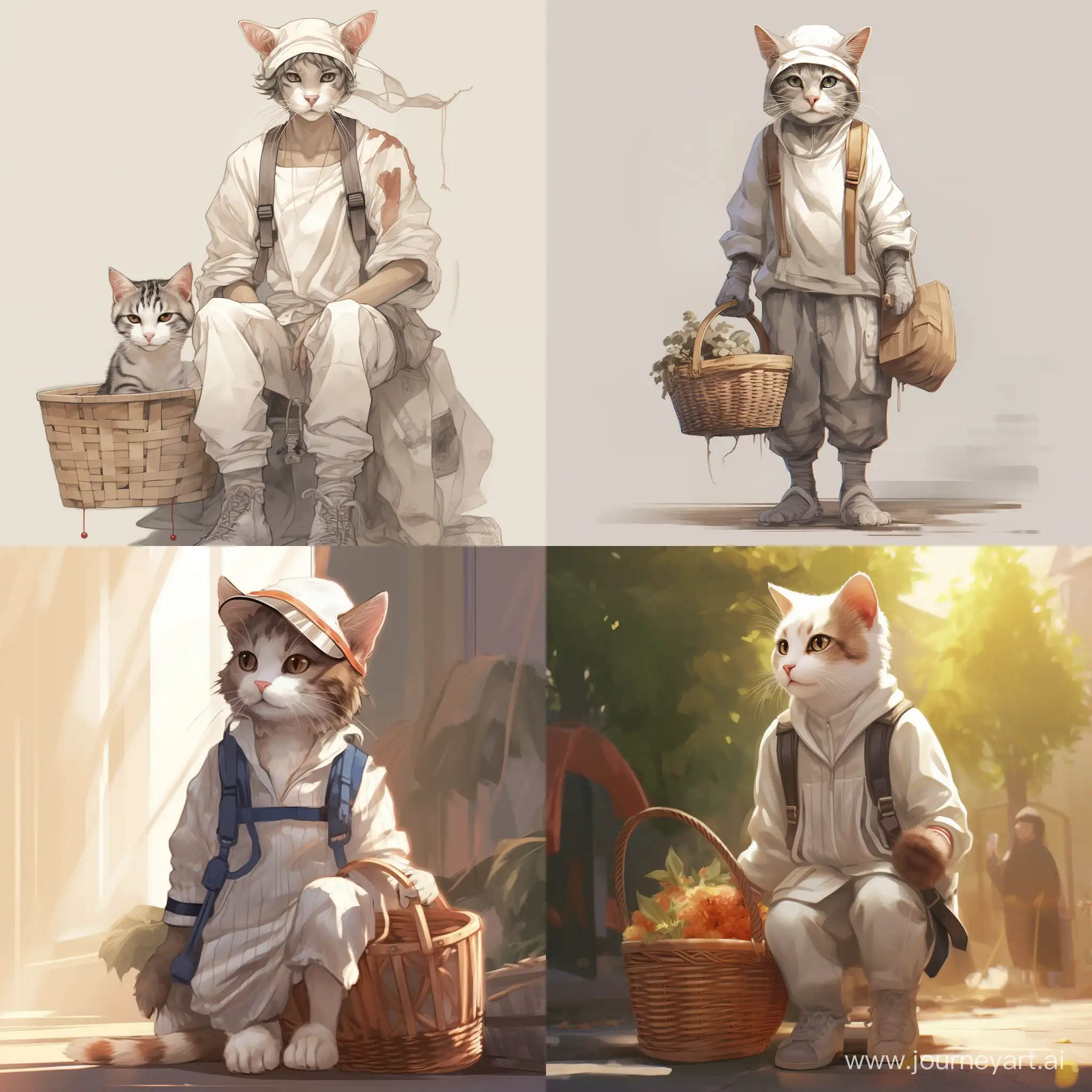 Cat dressed in overalls with a basket, in the style of street style, light white and light brown, transparent/translucent medium, mori kei, striped, street life scenes, hip-hop style (Aspect ratio: 3:4)