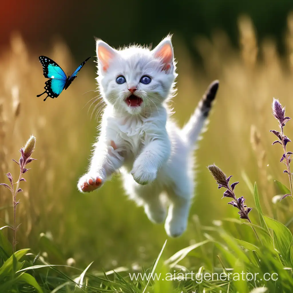 Котёнок в поле прыгает, чтоб поймать бабочку
