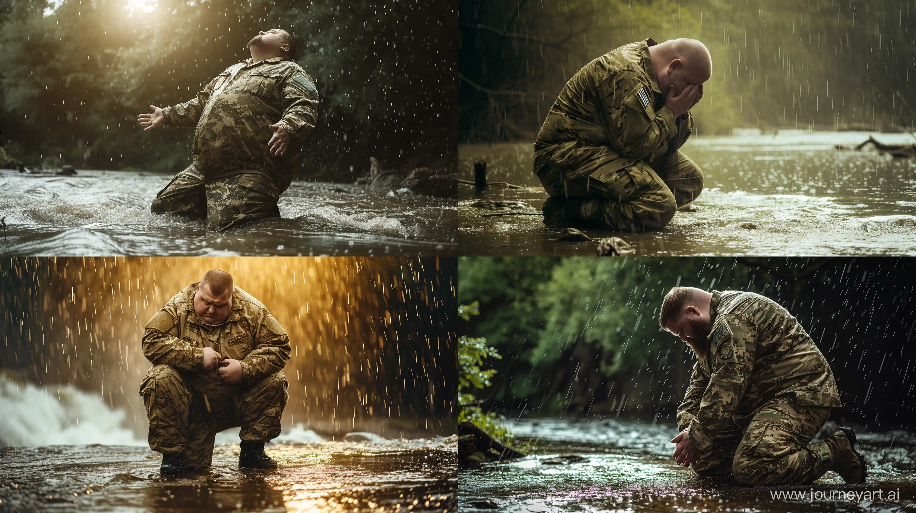 Photo of a fat man aged 60 wearing a military uniform kneeling the rain. Natural Light. River. --style raw --ar 16:9