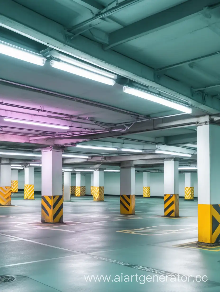 Подземная парковка без машин в ярких и мягких красках