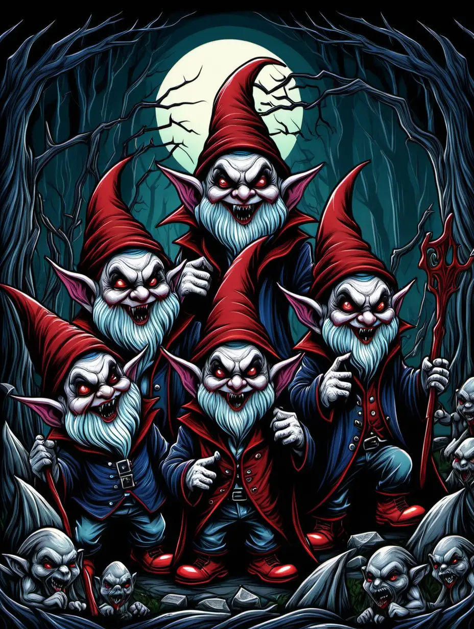 illustration book cover, vampire gnomes, dark thick lines, color,
