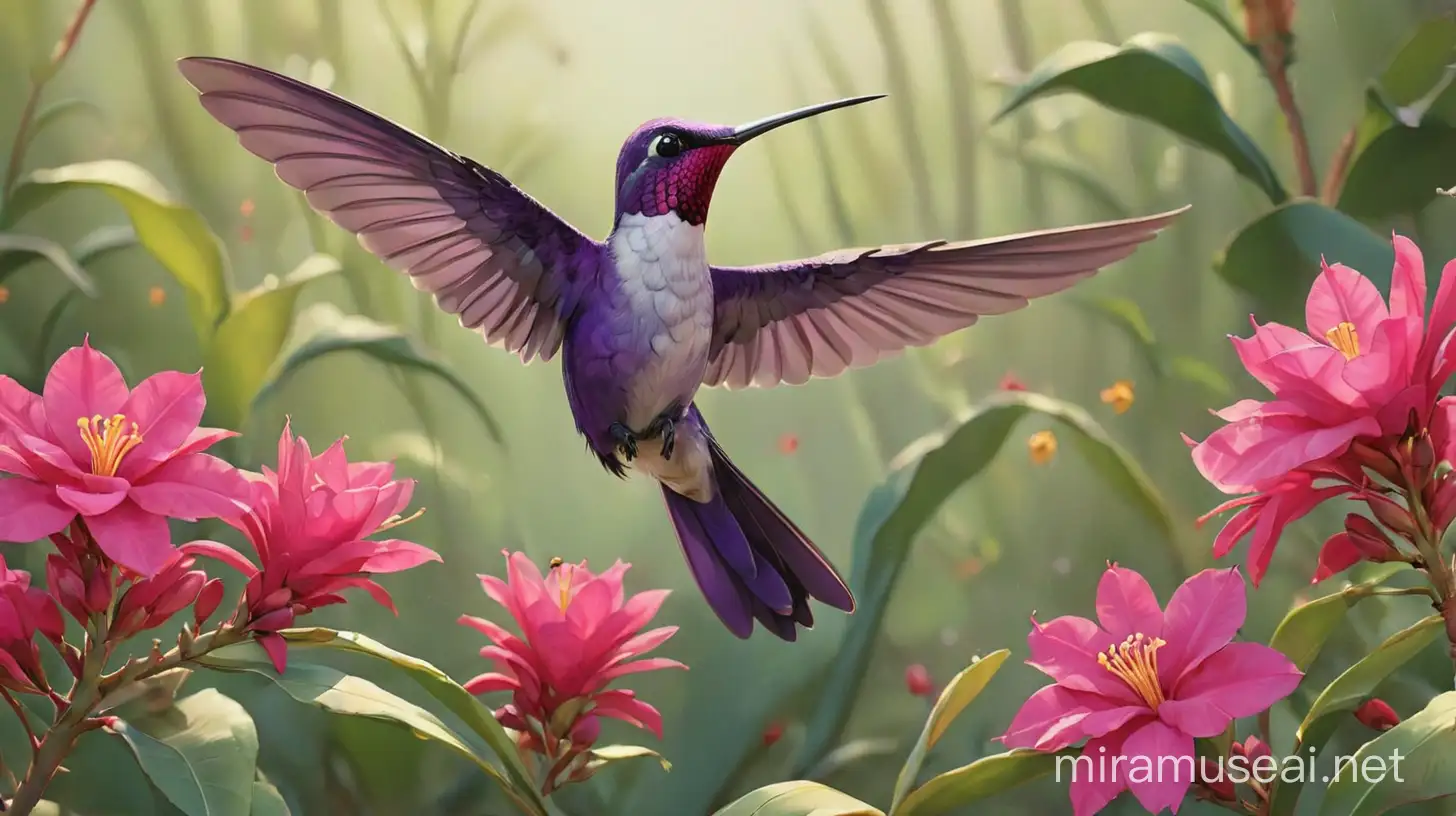 highly realistic Pixar-style cartoon watercolor for children's book in a desert garden of vibrant bougainvillea, flowering cactus and palm trees, while a purple headed hummingbird with pink wings, and a ladybug are visiting on a leaf. Focus on the hummingbird and ladybug