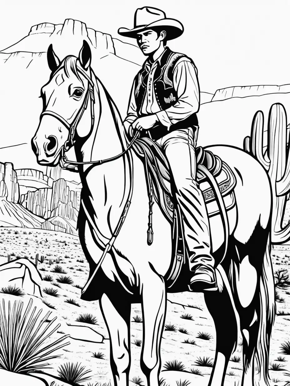Young North American Arizona cowboy, on a white horse, black and white coloring page, large print, this lines, low details, no greys colors