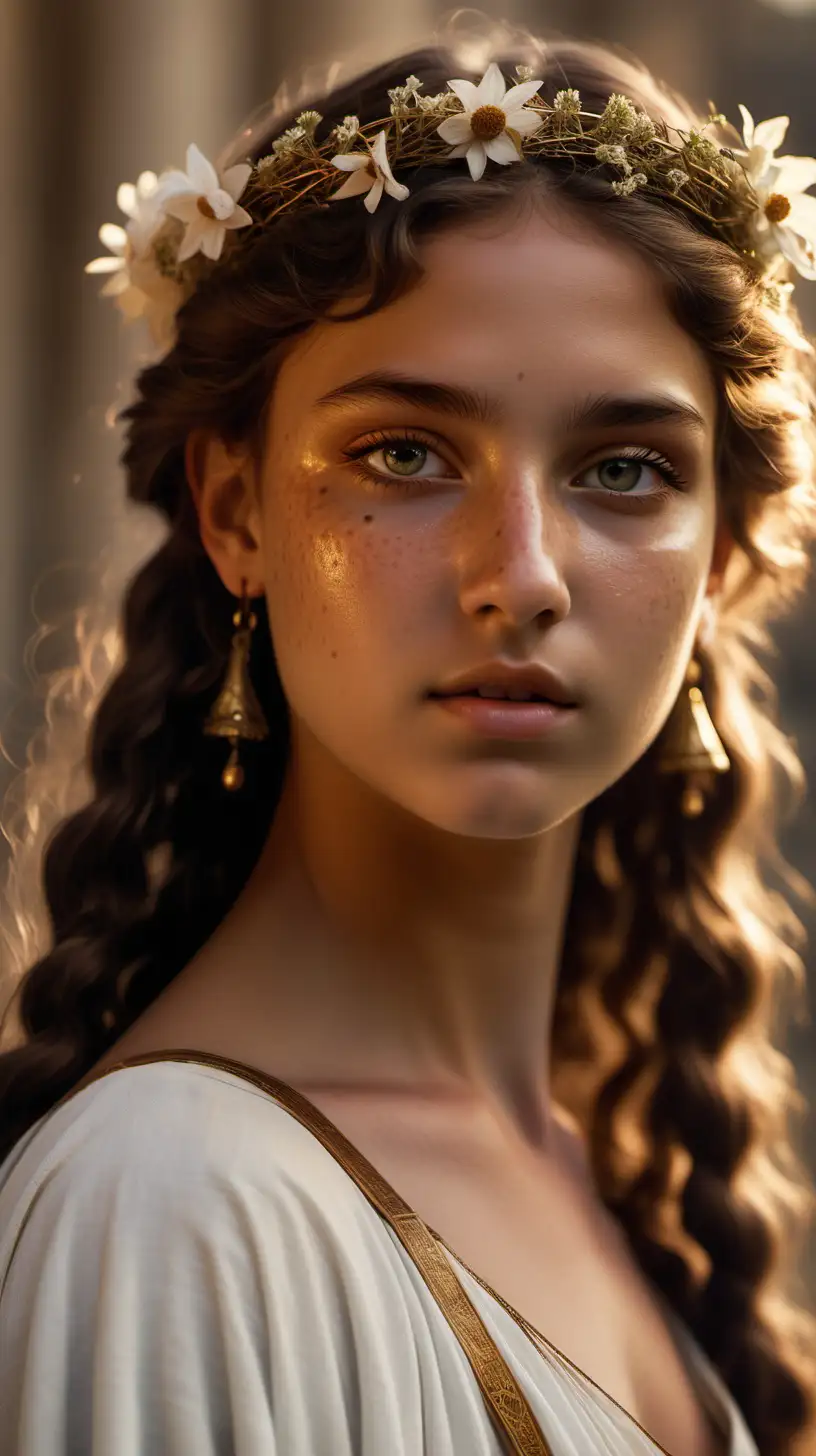  Close-up portrait of a Young girl from ancient Rome. Nymph, dancer, angelic face, perfectly proportioned, features of a unique, unprecedented beauty. Matte and tanned skin, it also has a few freckles. The eyes convey kindness and gentleness. Their olive color gives charm to the whole scene. The soft light of the sunset emphasizes the unique and sensual features. On his head he wears a crown of wildflowers. He wears a white, immaculate, semi-transparent tunic. Earrings and other accessories are made of brass