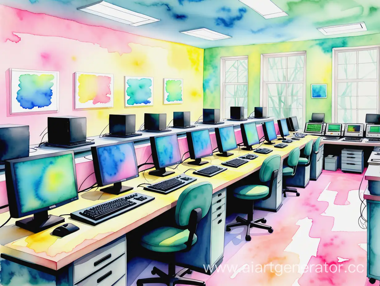 компьютер, кабинет информатики, акварельный стиль, светлые тона, розовые, желтые, голубые, салатовые цвета