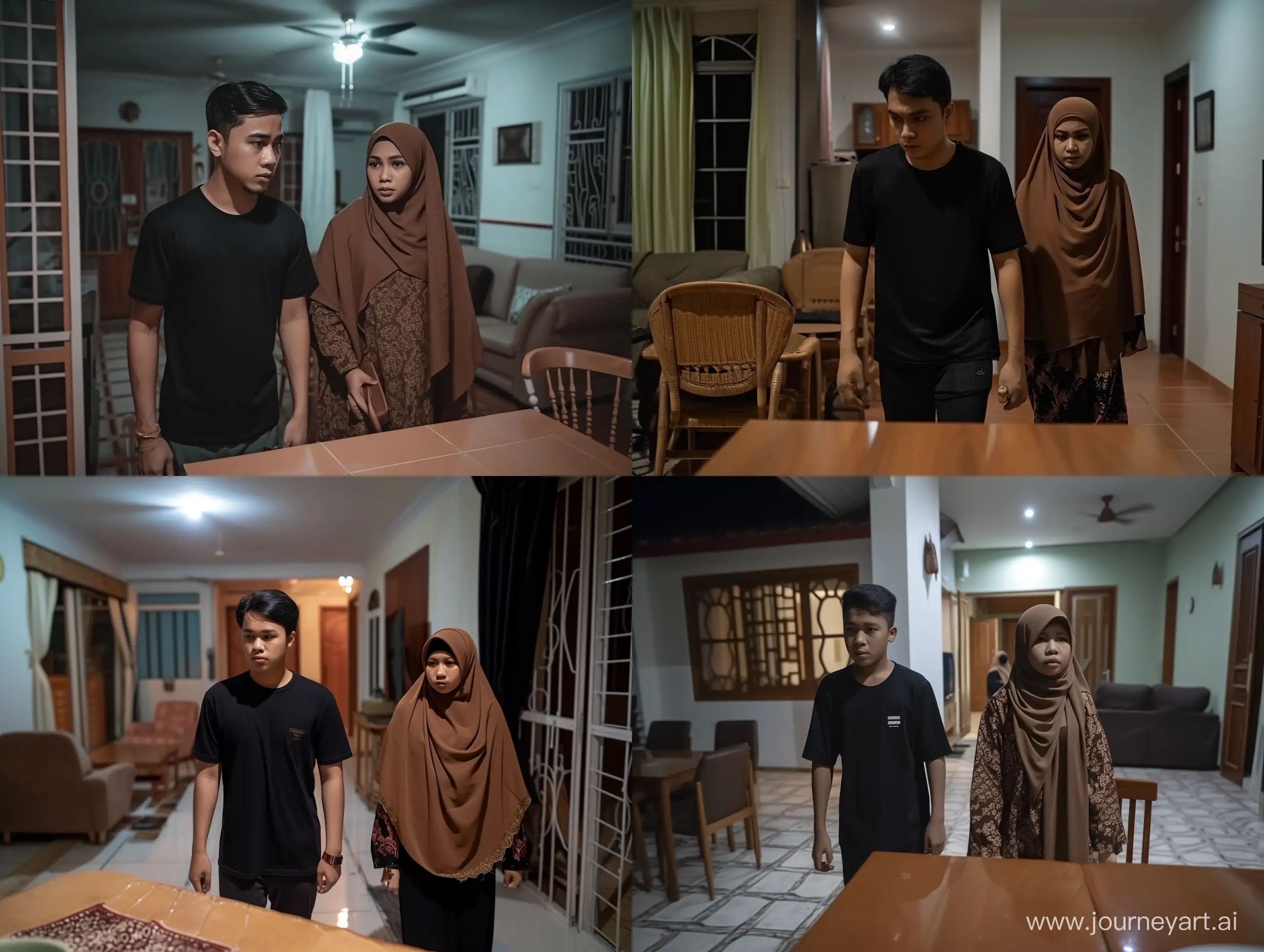 A 30 year old young man wearing a black t-shirt and a 29 year old Indonesian woman wearing a brown hijab enter a simple house, with a dining table in the foreground. This room is equipped with chairs and sofas. at night,  Front view,  horror movie scene