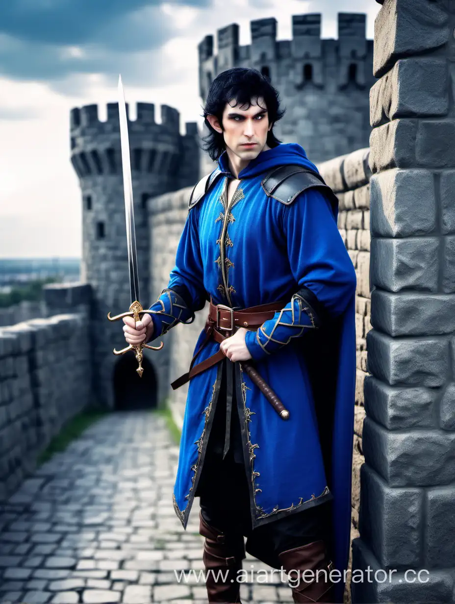 смелый благородный эльф в синих одеждах с черными волосами и мечом на стене крепости
