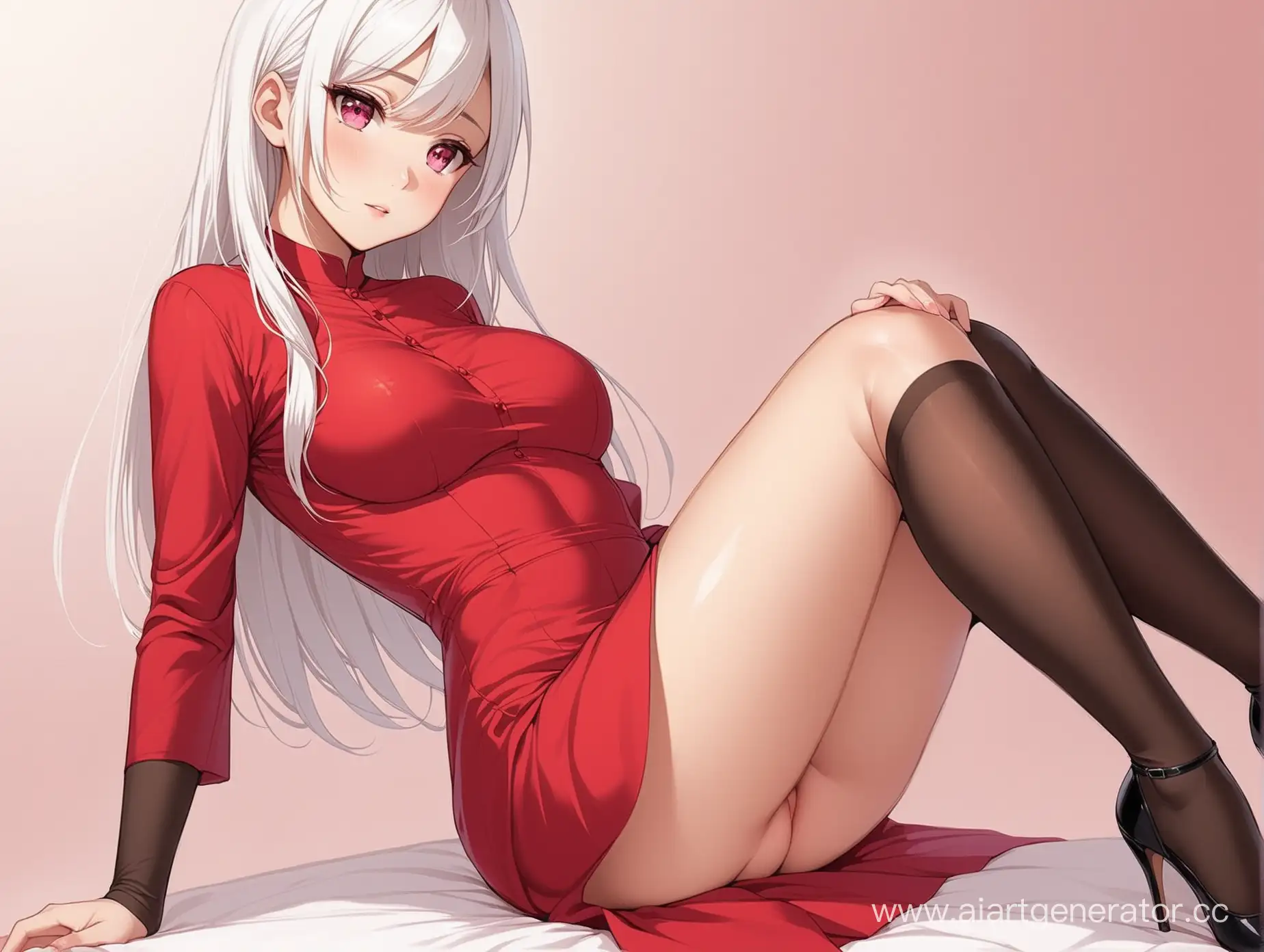 sexy girl, white hair, pink eyes, red dress nudity in stockings modest.