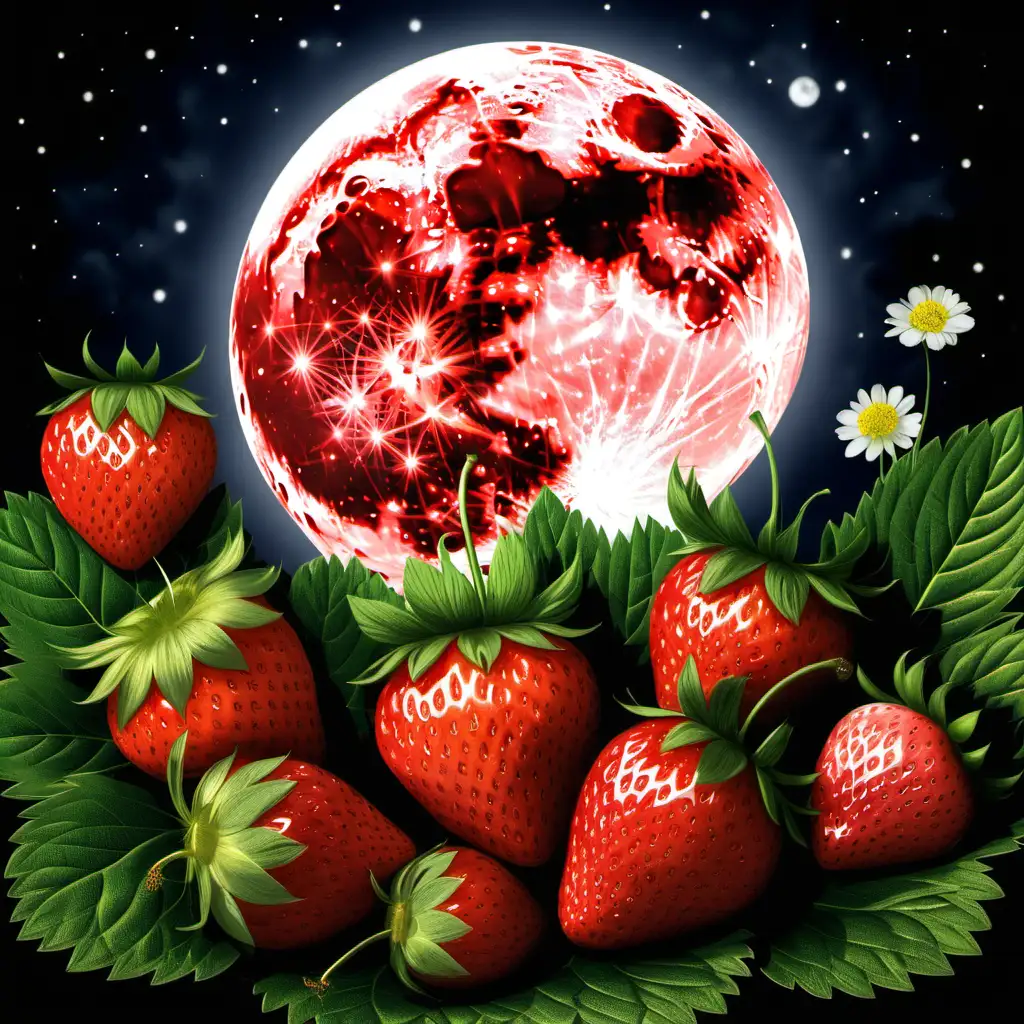 Glowing Strawberry Full Moon Illuminating a Field of Luscious Strawberries