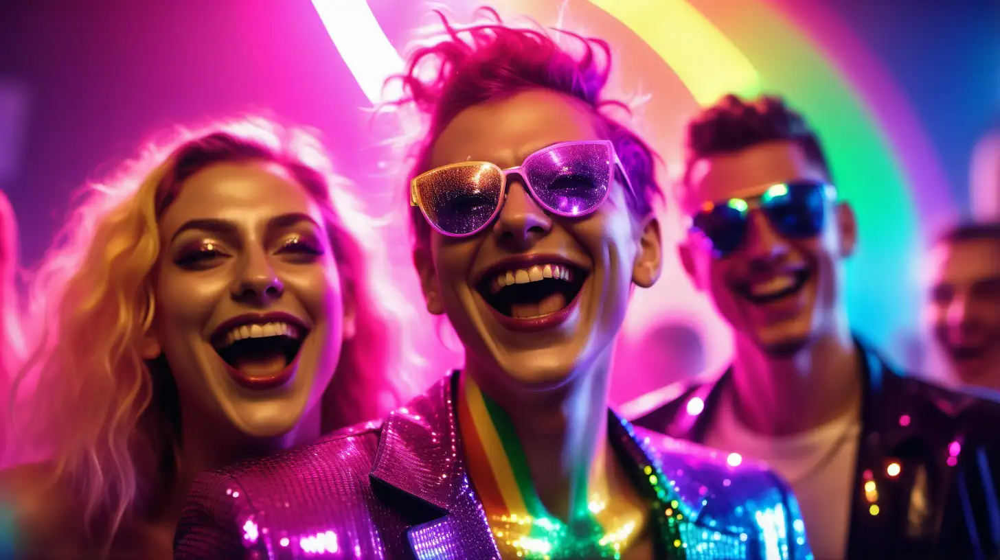 "Party portrait of lgbt at a modern crazy party, laughing face, rainbow neon synthwave attire, sparkles and glitter in the environment, Bokeh quality, Blurred background, realistic --style raw --s 300 --ar 9:16 --v 6.0"