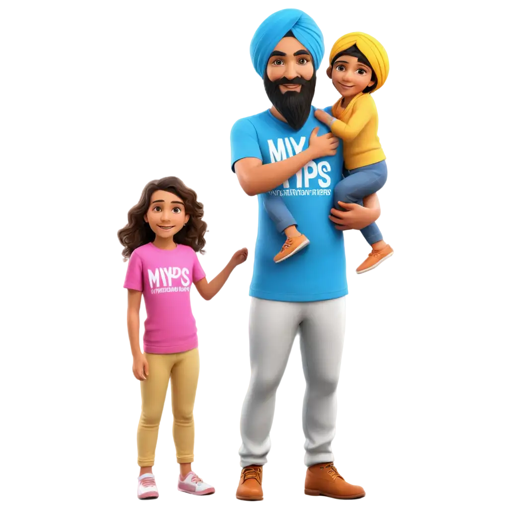  3D sikh family with kids and shirts that say "MYPS"
