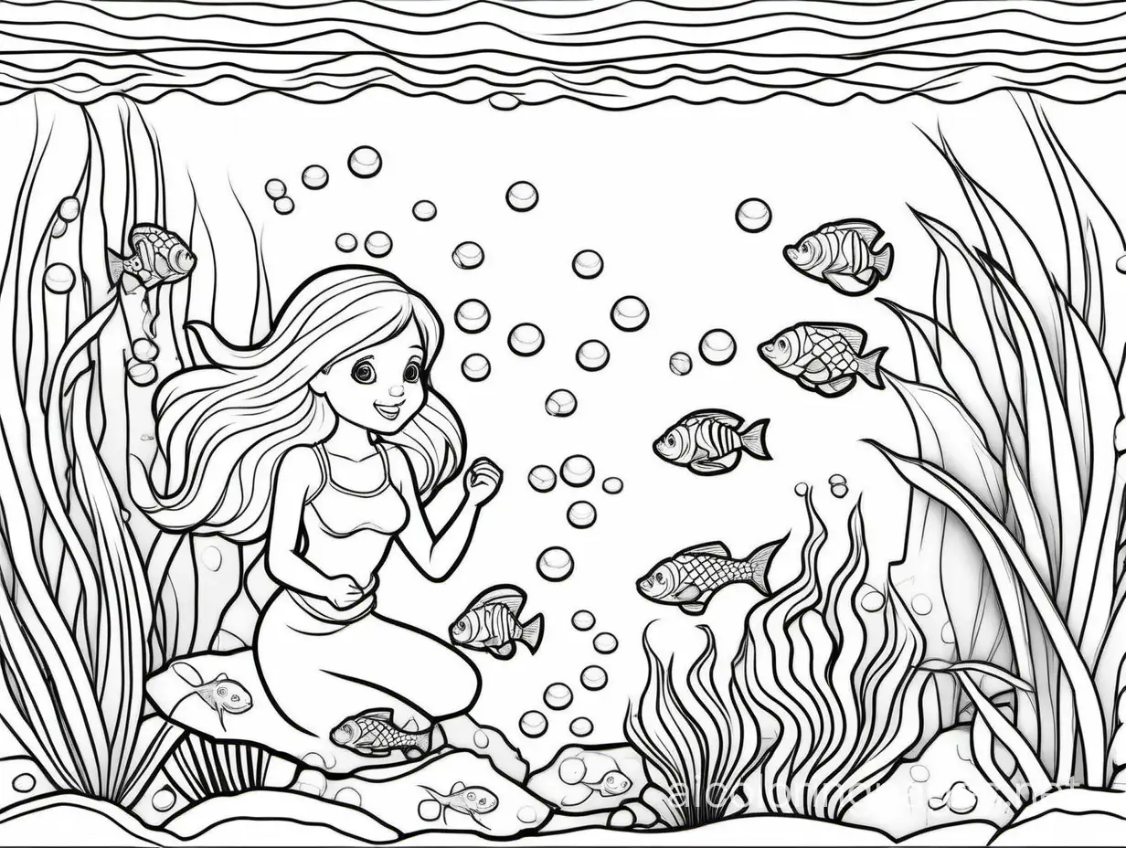 Aquarium with mermaid, Coloring Page, black and white, line art, white background, Simplicity, Ample White Space. The background of the coloring page is plain white to make it easy for young children to color within the lines. The outlines of all the subjects are easy to distinguish, making it simple for kids to color without too much difficulty