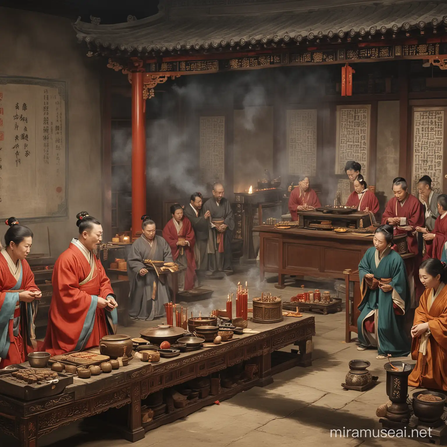 Una escena que muestra a una familia confuciana realizando rituales de veneración a sus ancestros, con incienso y ofrendas en un altar, enfatizando la reverencia por los antepasados en la tradición confuciana.