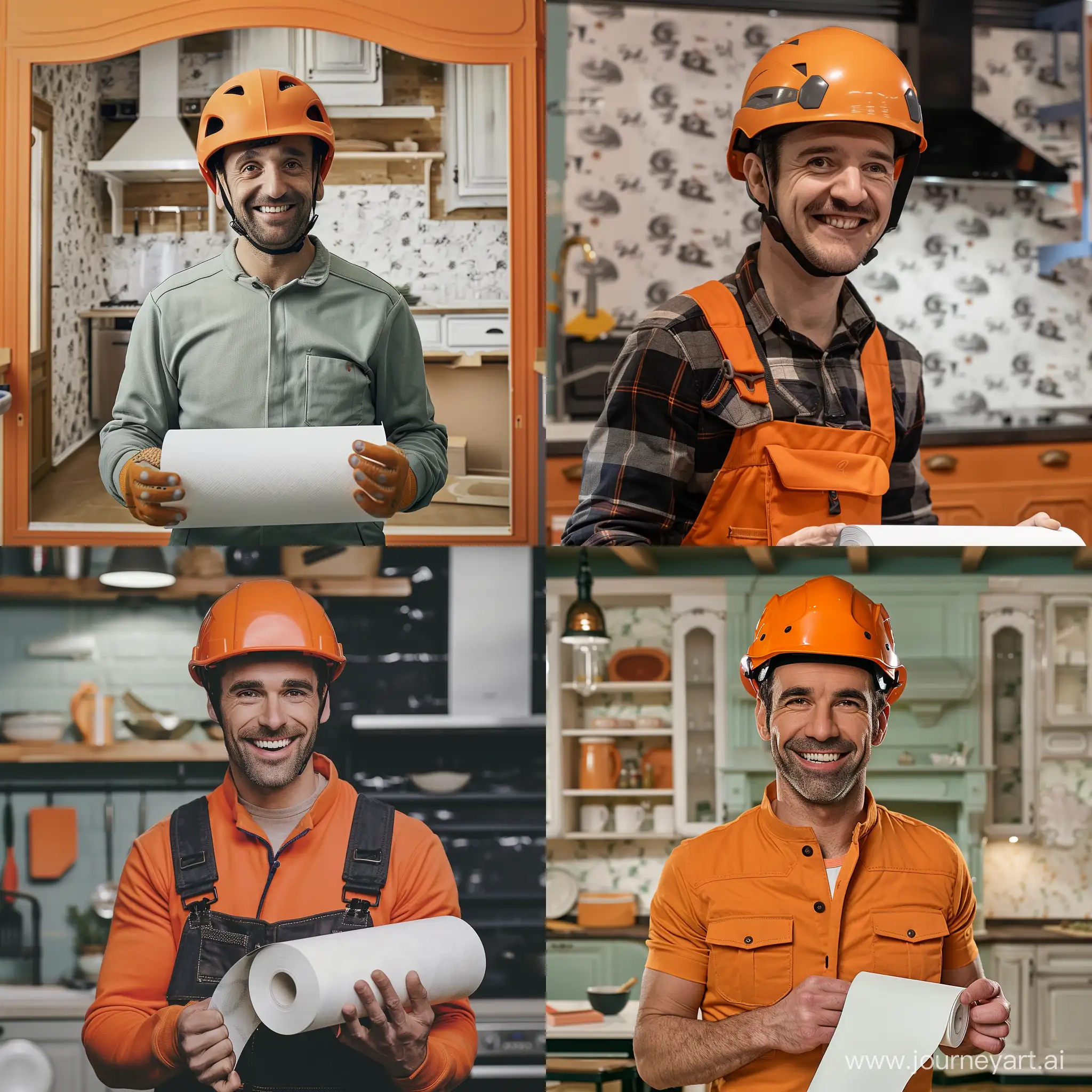 Мужчина улыбается в оранжевой каске, держит в руках рулон белых обоев, на фоне кухонный гарнитур