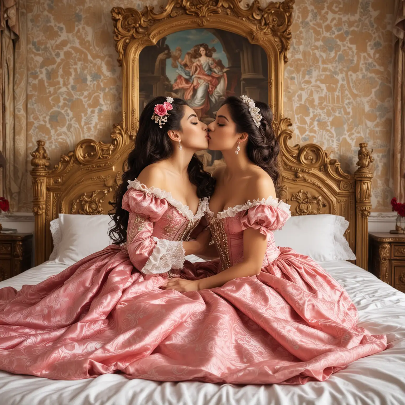 Mexican Beauties Sharing Intimate Moment on Ornate Bed