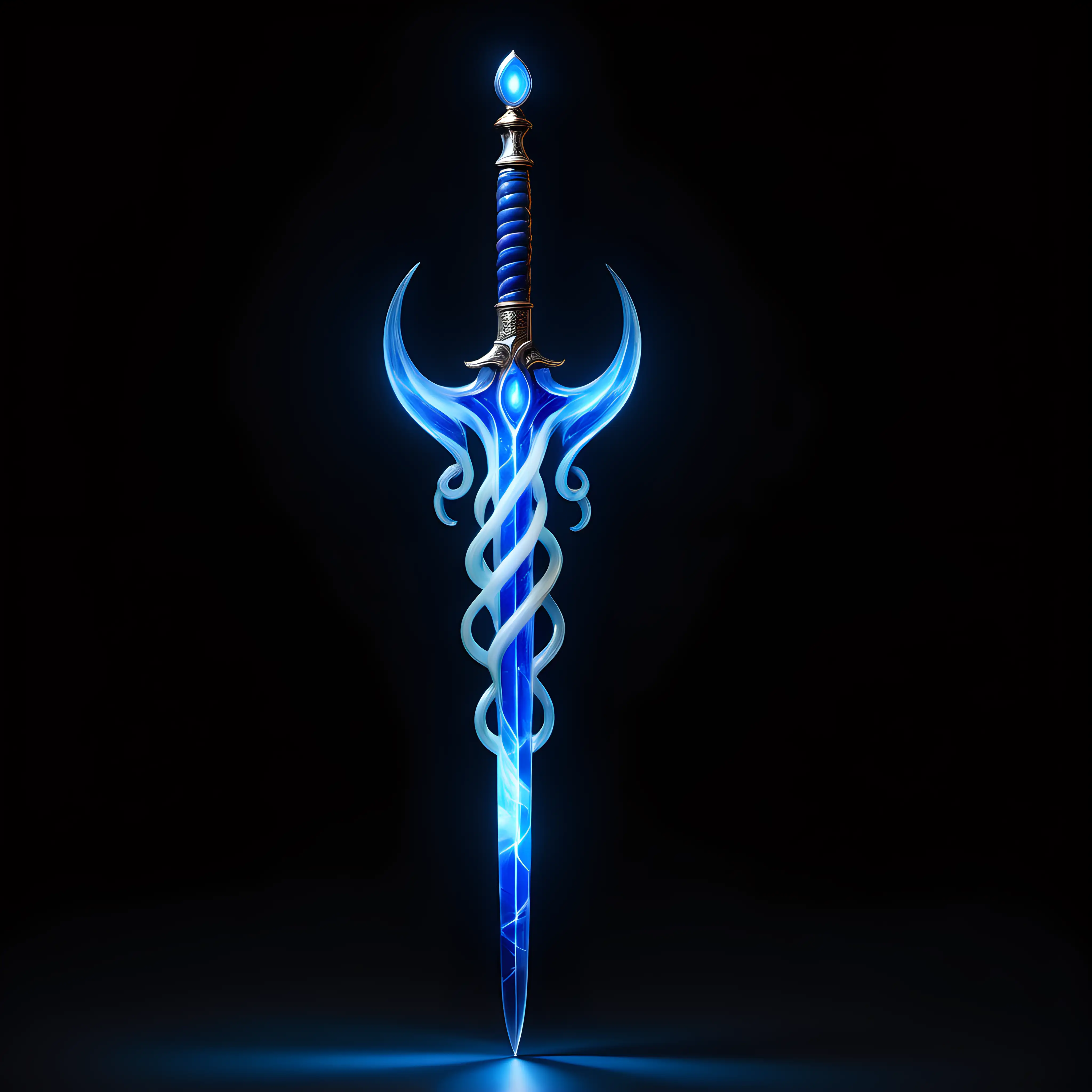 Luminous lapis sword with three thin, glowing ivory rods spiraling around it in opposite, symmetrical directions.  It has a hand guard resembling cascading water