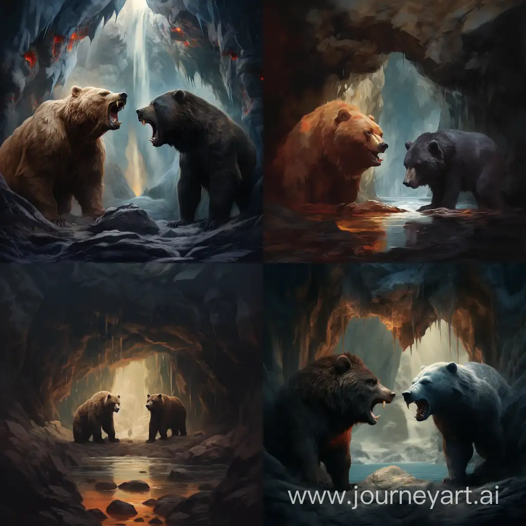 Bears and wolves in a cave together and they are going through the same thing together 