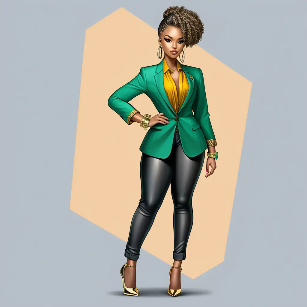 A full body shot of a chic, stunning curvy chibi African
American young woman with an elaborate updo
hairstyle, dressed in casual chic attire featuring a
vibrant green blazer, sleek stiletto heels stands
confidently. The digital illustration captures her
stylish outfit and the intricate hairstyle, highlighting
the gold cuffs that add a touch of elegance. Her
posture exudes confidence and fashion-forward
thinking, with a background that suggests a modern,
urban environment. The artwork emphasizes her bold
fashion choice and the vibrant colors of her attire,
making her the epitome of contemporary chic