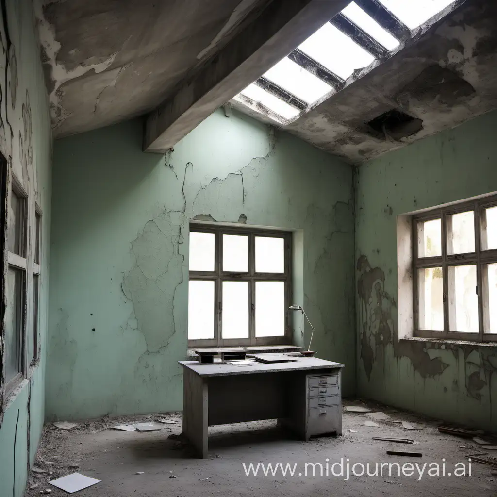 Inside a room building with reinforced glass windows, walls are raw concrete with faded paint and another adjoining room with an old desk in it and an old light hanging from the roof
