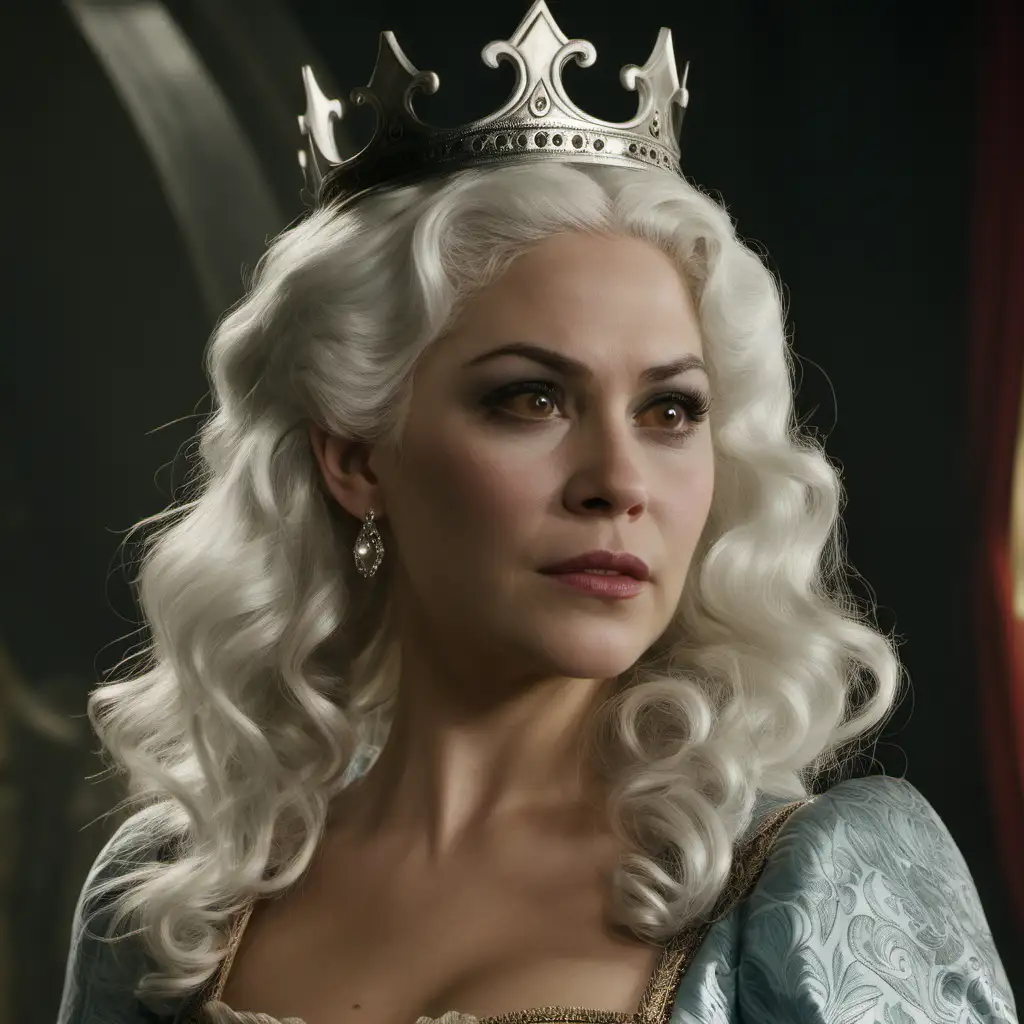 a queen in her late 20s, once upon a time tv show style costume, wavy white hair pulled away from her face, brown eyes