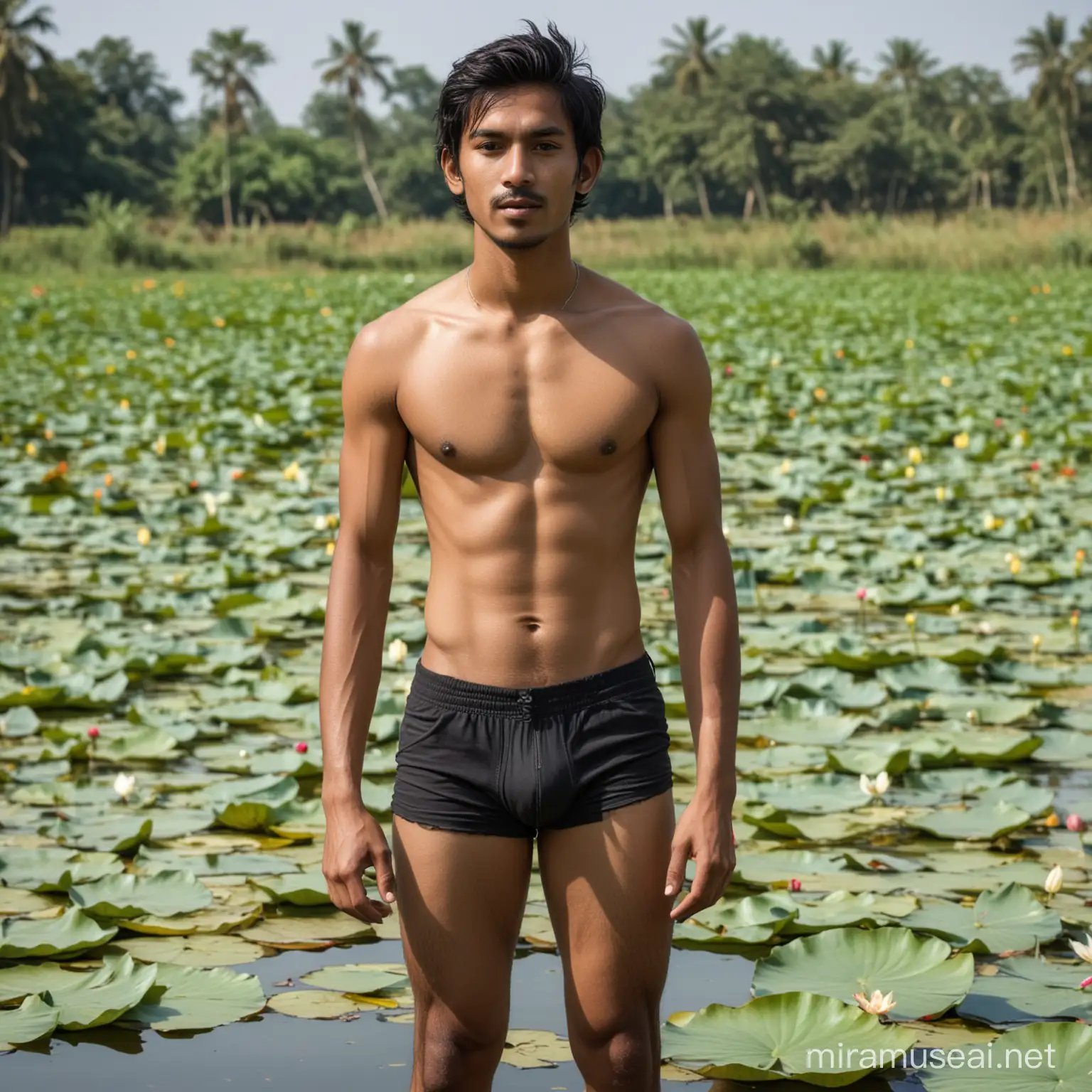 Young Nepali man, slim, dark skin, hairy, black hair, shirtless, tight underwear, standing on a lotus pond 