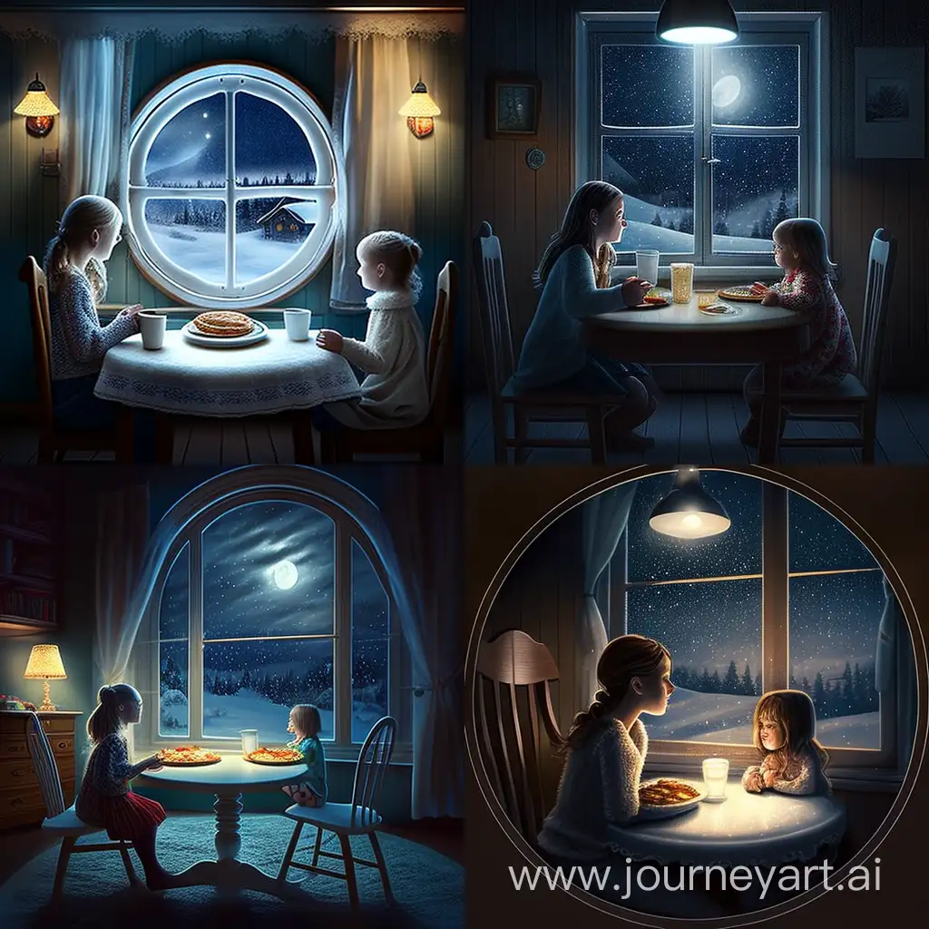 cute girl is sitting on the dining table with her mother for dinner.7 years old girl 
• Has a round cute face 
• wearing a night dress 
• has slippers  
• smiley facial features 
Background:  
• The dining room of her house. 
• Window in the wall with a view of snowfall at night. 
• Beautiful rug under the table. 