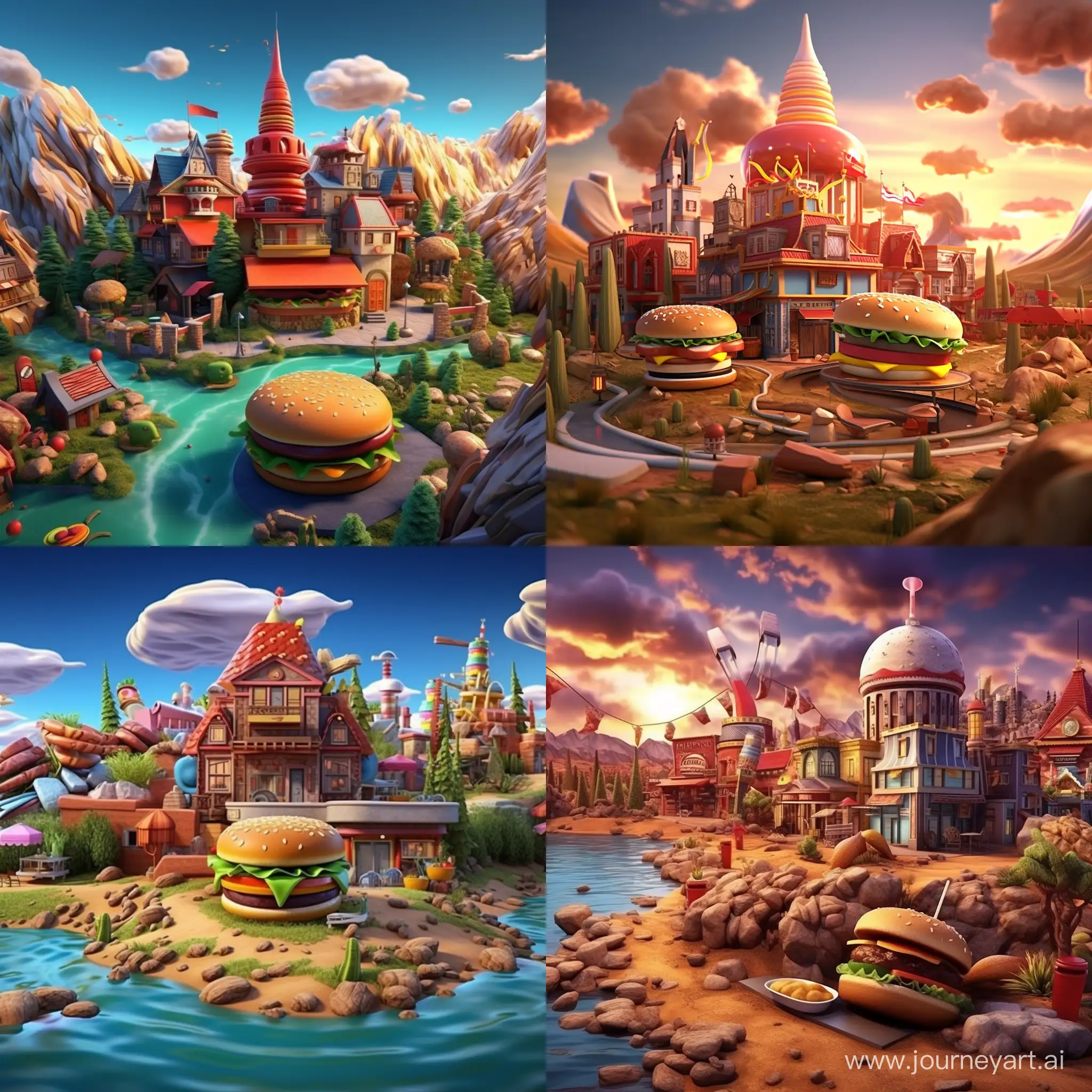 A huge world made of fast food. Instead of a river, it's a Coke. Fries grow on the ground. Houses are made of burgers. Lots of pizza. 3D animation 