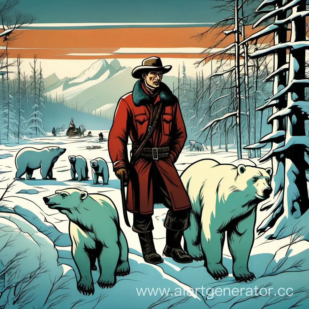 Russian cowboy in Siberia with polar bears, soviet propaganda style, cel shading, winter scenery, 
