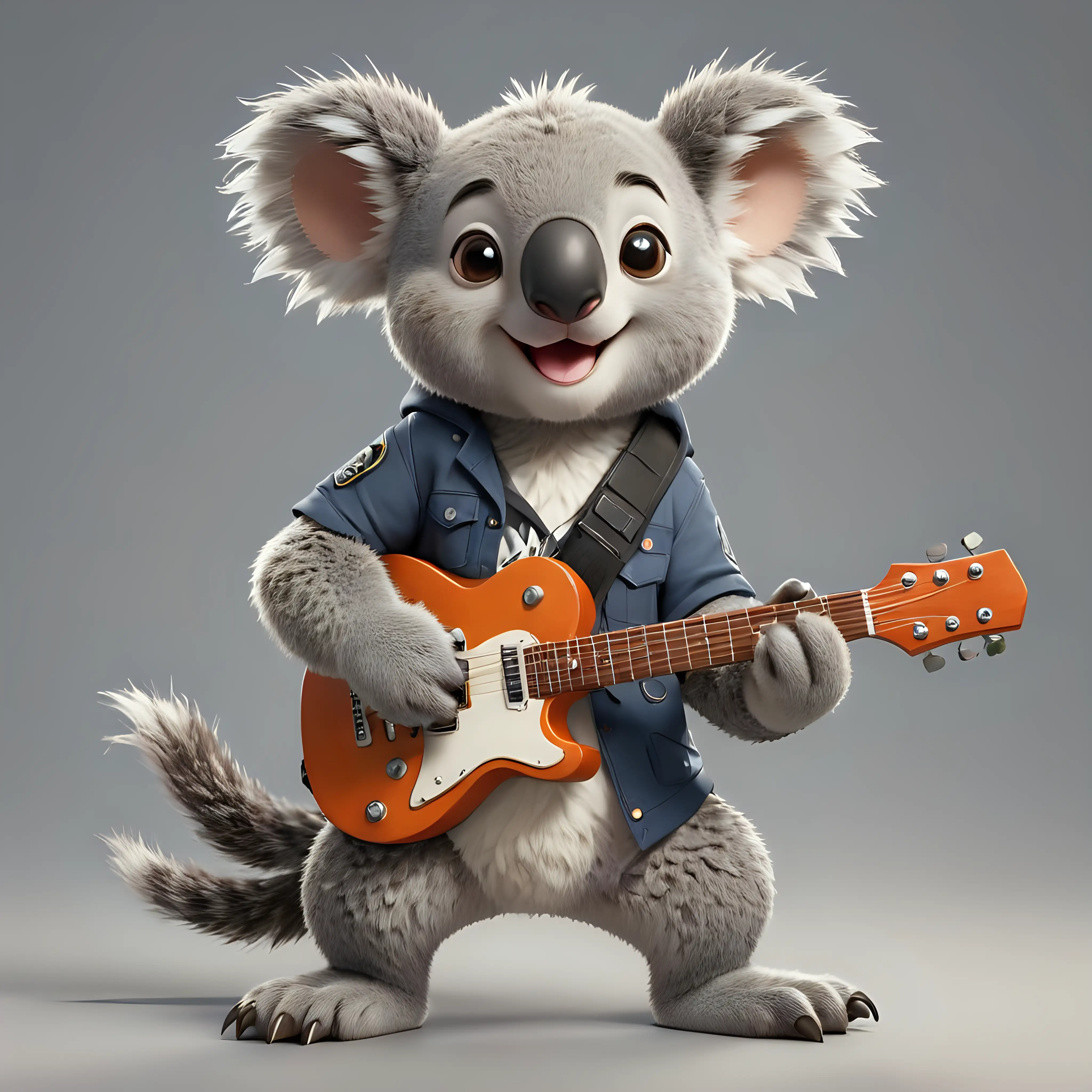 a cute happy koala in cartoon style in full body with Musician clothes with Electric guitar with clear background