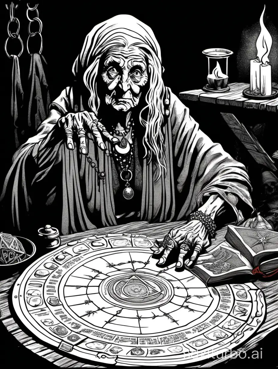 by Russ Nicholson, style of 1979 Dungeons and Dragons,

line art of an elderly crone:gypsy diviner, sitting at a table, using a spirit board, in a dark room, witchcraft, dark and moody atmosphere,

wide shot, black background, 1bit bw,