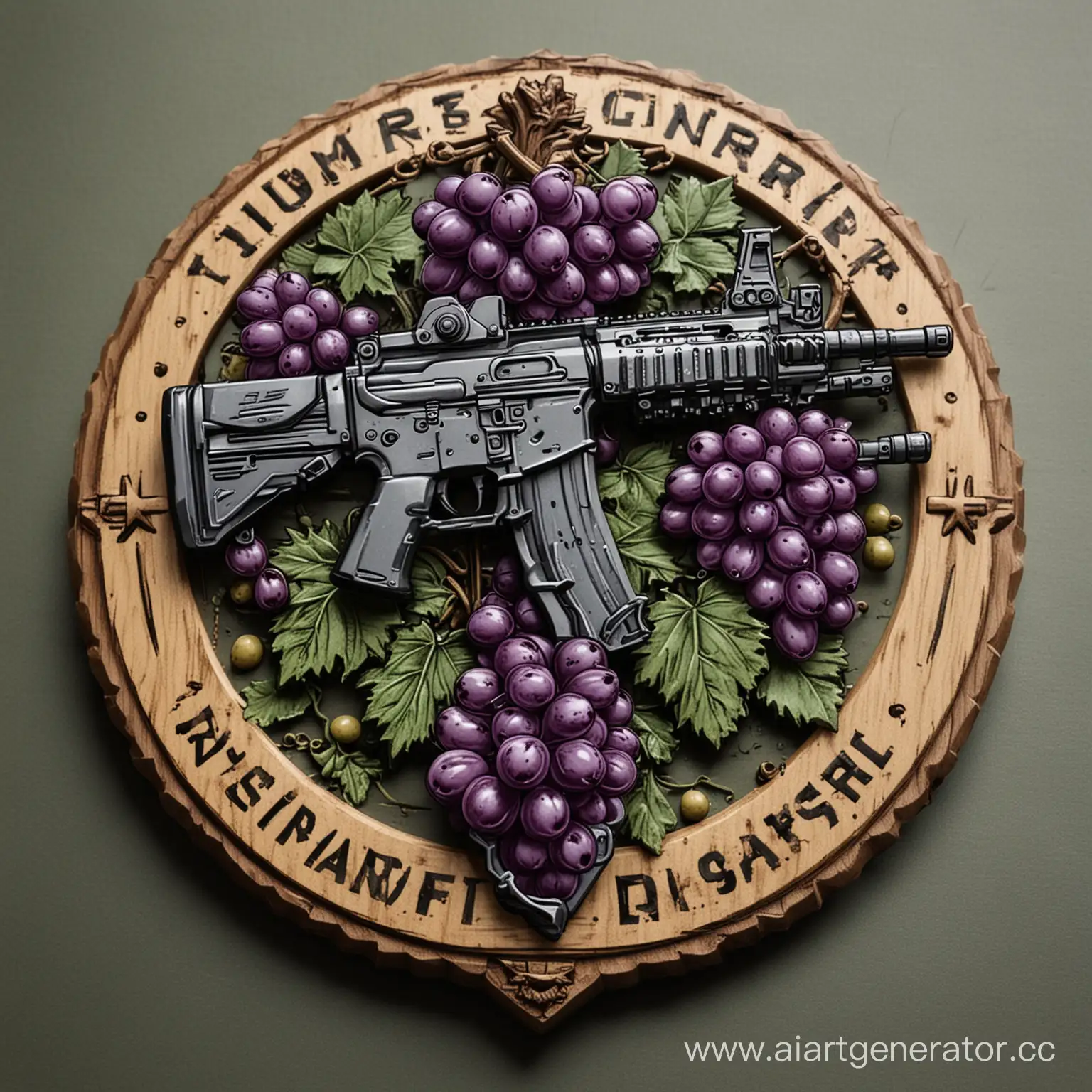 эмблема страйкбольной команды "виноград", с изображением современного тактического военного  снаряжения и оружия и гроздей винограда