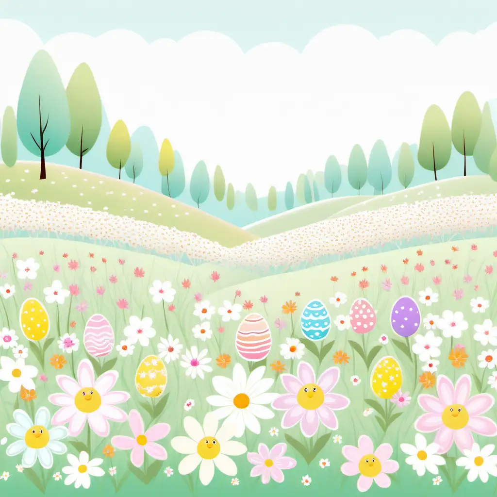 fairytale,whimsical,cartoon,easter spring flower field
pastel, white background