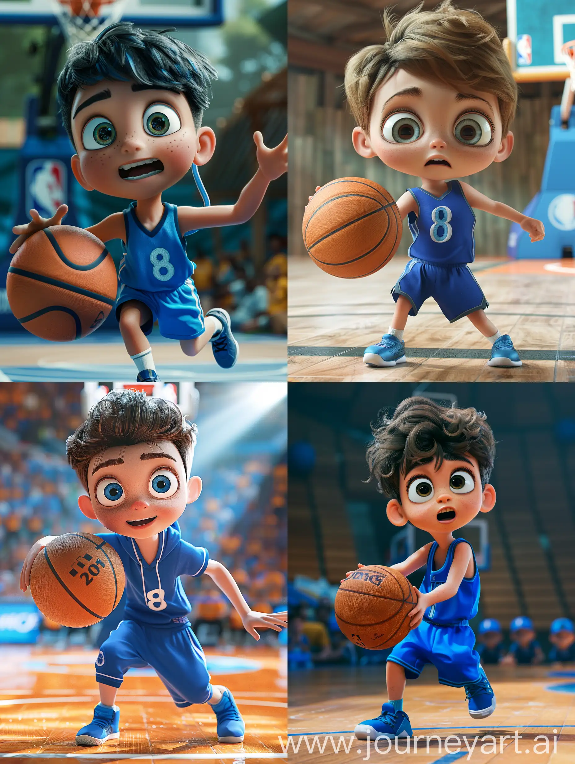  boy with blue sportswear,big and bright eyes,Holding a basketball and getting ready to dunk,the whole body display,Disney animation style,pixar animation,8k