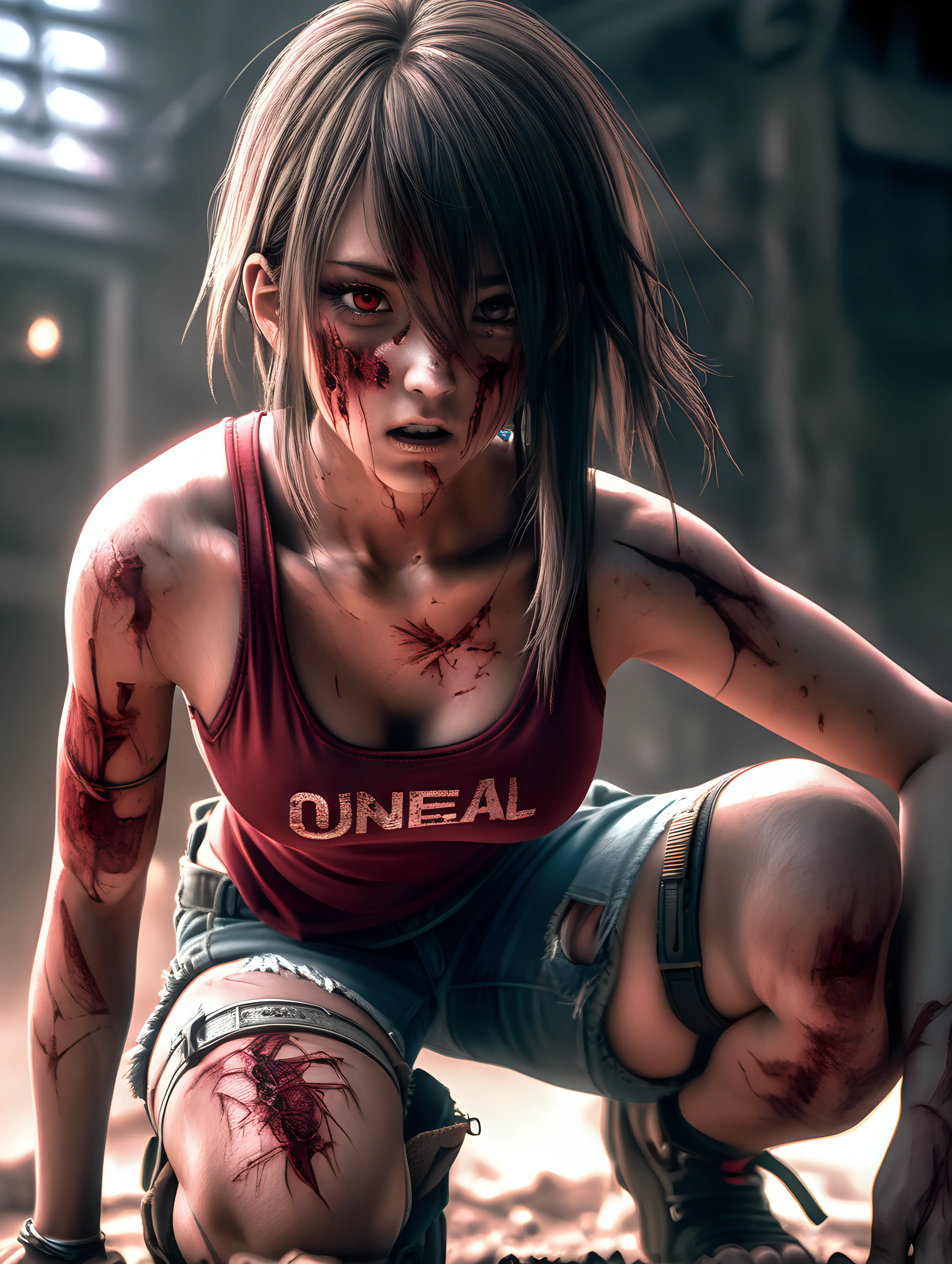(cinematic lighting), In a zombie post-apocalyptic world, a beautiful resilient anime girl dons a worn red tank top, perfect breast, revealing battle scars and determination, as she faces the challenges of survival with a blend of strength and grace, kneel on the ground, half body photo, angle from below, intricate details, detailed face, detailed eyes, hyper realistic photography, --v 5, unreal engine