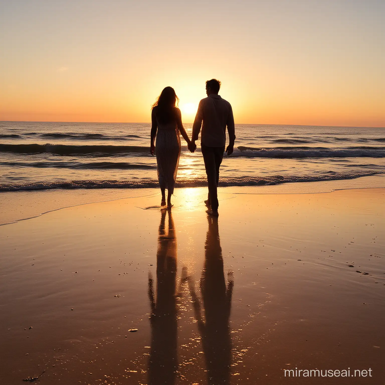 A couple's sillhoutte is holding their hands and walking at a beach and watching the sun dawn
