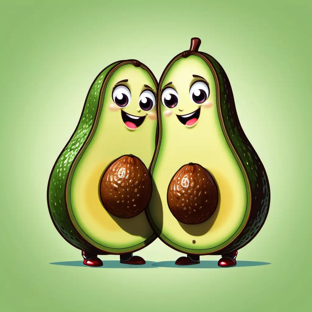 create an illustration of a cartoon avocado couple hugging, smiling,