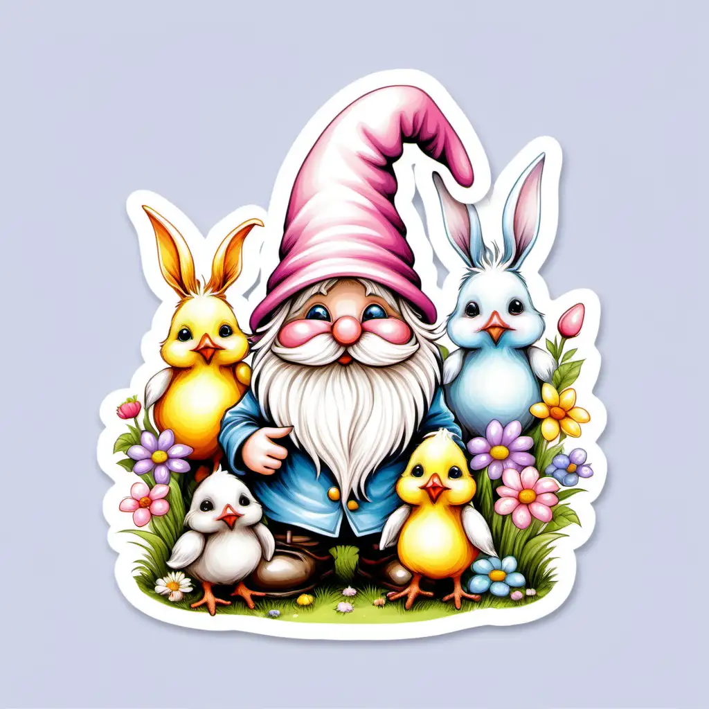 Whimsical Easter Gnome with Chick and Bunny in Overgrown Colorful Hat
