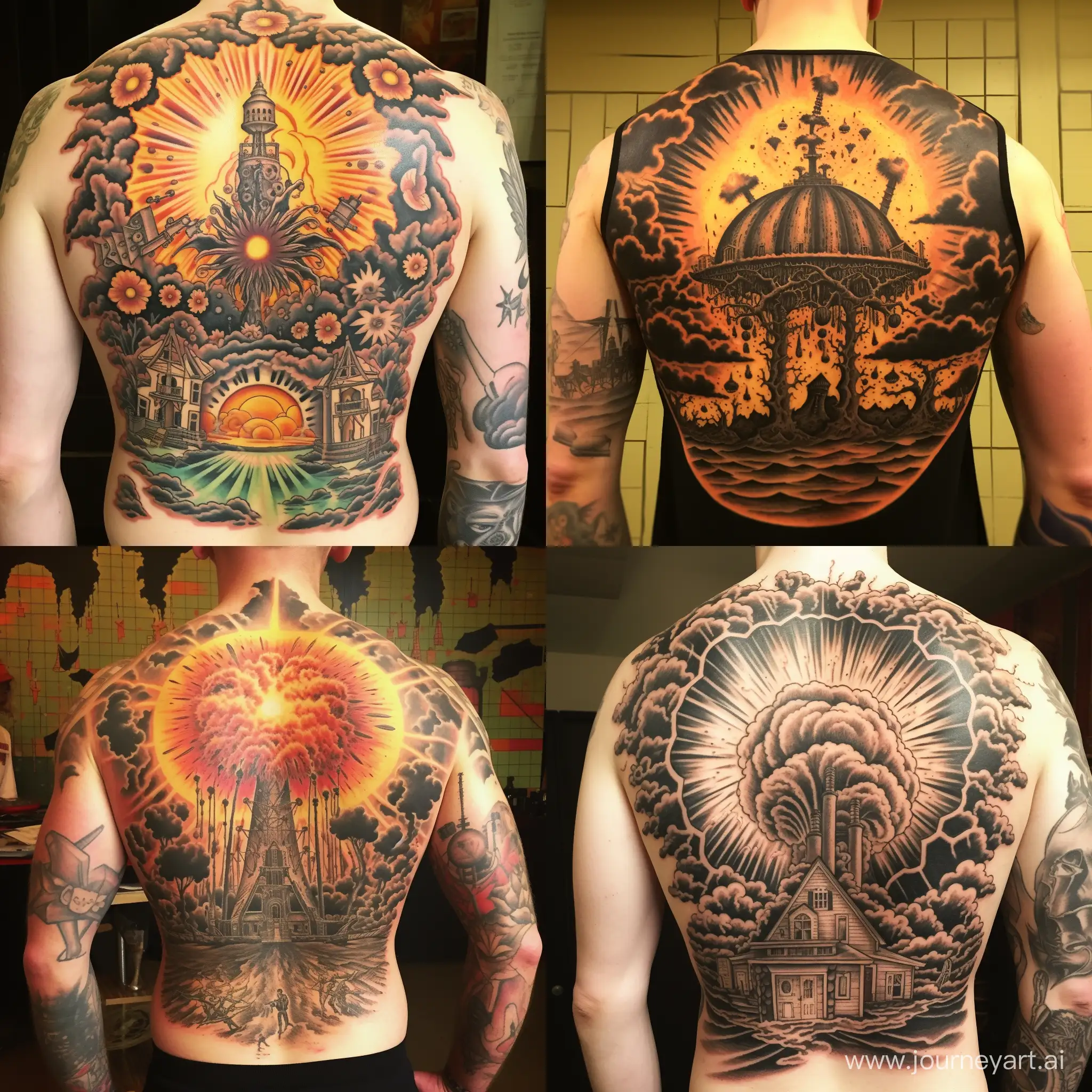 Massive nuclear explosion, obliterating colony, 1940s early American traditional tattoo
