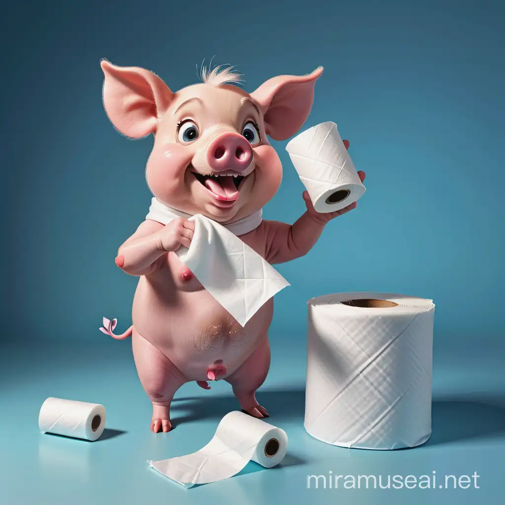 anthropomorphic pig throwing a piece of toilet paper in the trash