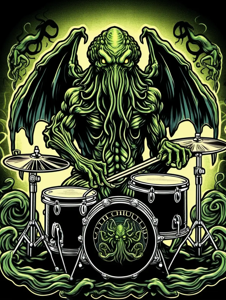 Cthulhu Playing Full Black Drum Kit Retro Illustrated Design with Detailed Color and Logo