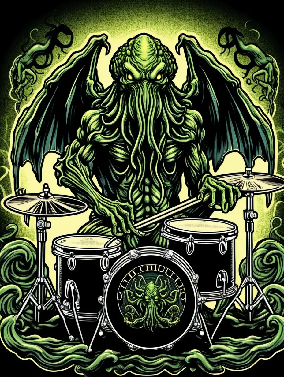 cthulhu playing full black drum kit, retro design, detailed illustrated design, colour, logo