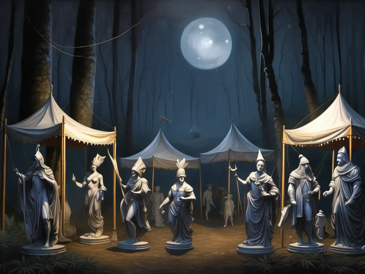 five gray statues of adventurers, carnival tents, forest, night, painting