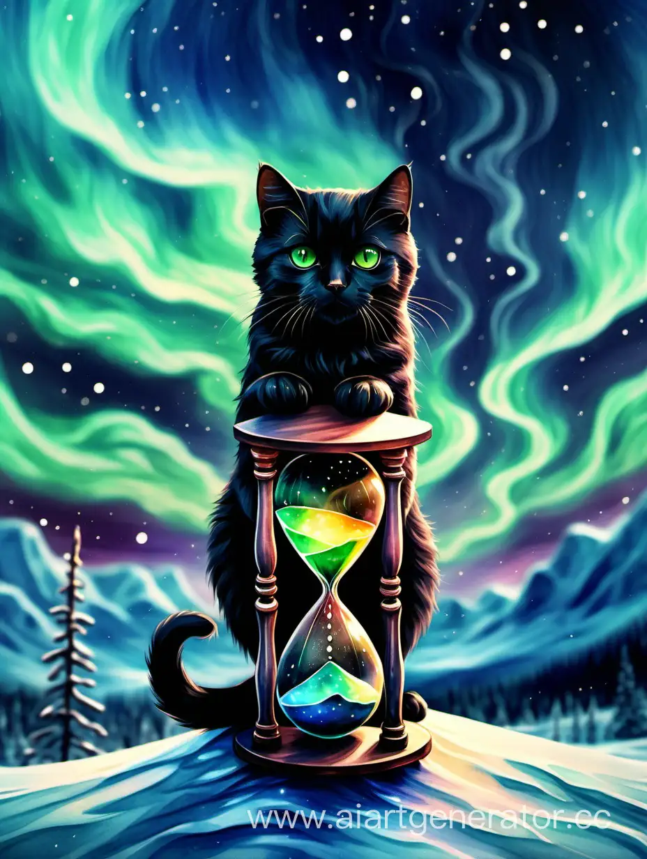 Realistic-Watercolor-Miniature-Black-Cat-and-Hourglass-Against-Northern-Lights-8K-Art
