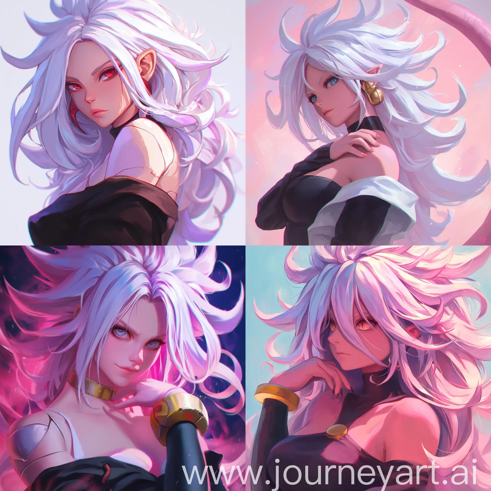 Majin android 21, half body, anime detailed style, realism art, color theory --niji 6